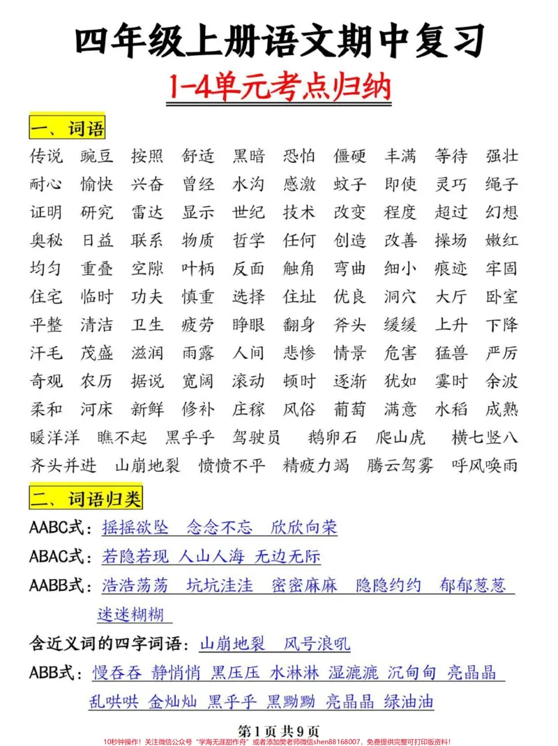 《四年级上册语文期中复1-4单元可以考点总。#四年级#四年级语文#四年级上册语文#期中考试#关注我持续更新小学知识_最新小学1-9年级各科+幼升小+综合类学习资源汇总包》第1页预览