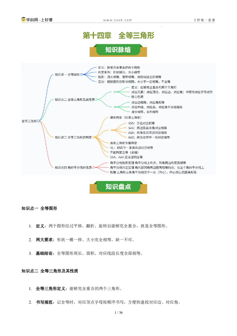 《第十四章全等三角形（四大考点+五大易错+易错训练）（知识清单）（教师版）_2026秋初中教辅合集_2027学科网&_2027新《8上数学•同步备课资料合集》（新教材人教）》第1页预览