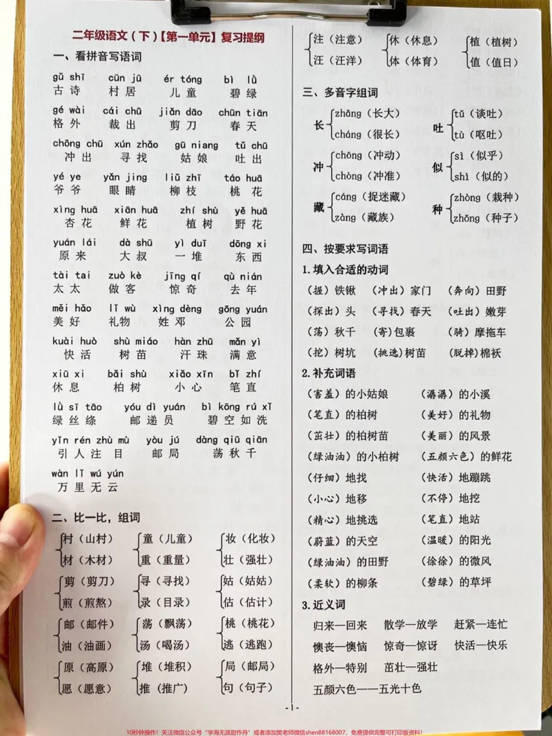 《以下是二年级语文下册复习提纲，包括了每个。单元的重点和难点。这份资料是由老师精心整理的，家长可以打印出来给孩子进行复习。这份提纲将会对二年级语文下册的期末考试有很大的帮助。#二年级语文下册#二年级语文下册复习#二年级期末考试》第2页预览