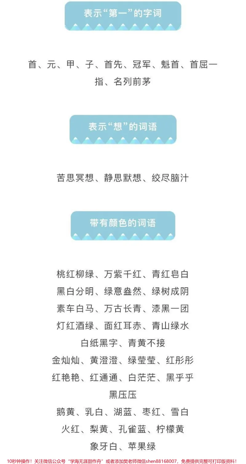 《小学生汉语基础知识，常用词语、成语分类汇总_最新小学1-9年级各科+幼升小+综合类学习资源汇总包_价值20万元！最新小学1-9年级各科+幼升小+综合类学习资源汇总包》第5页预览