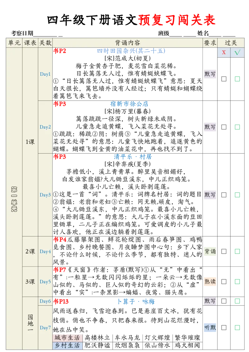 《_4年级下册同步教辅_四下语文_四下语文重点必背_四年级（下）语文预复习背诵闯关表》第1页预览