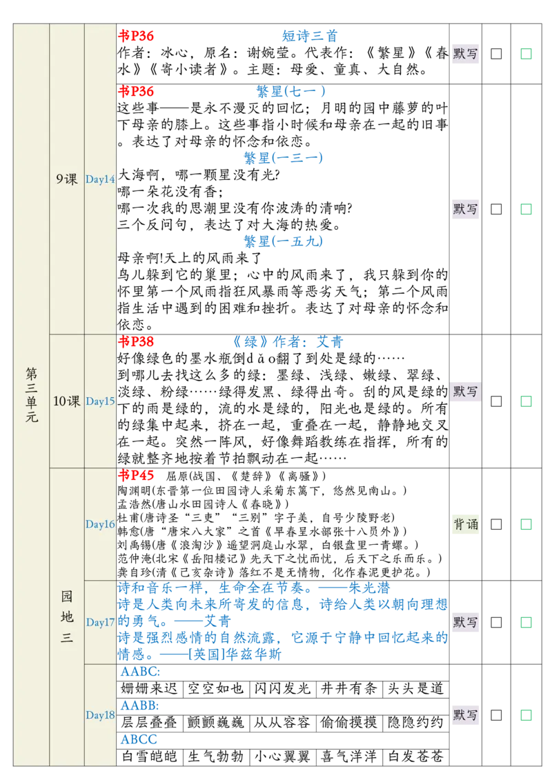 《_4年级下册同步教辅_四下语文_四下语文重点必背_四年级（下）语文预复习背诵闯关表》第3页预览
