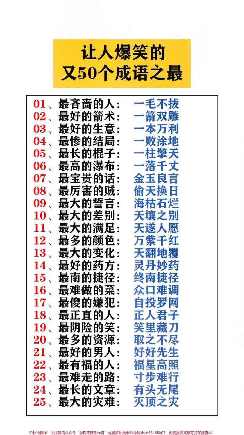 《让人爆笑的又50个成语之最,替孩子收藏吧!#成语#成语之最_最新小学1-9年级各科+幼升小+综合类学习资源汇总包_价值20万元!最新小学1-9年级各科+幼升小+综合类学习资源汇总包》第1页预览