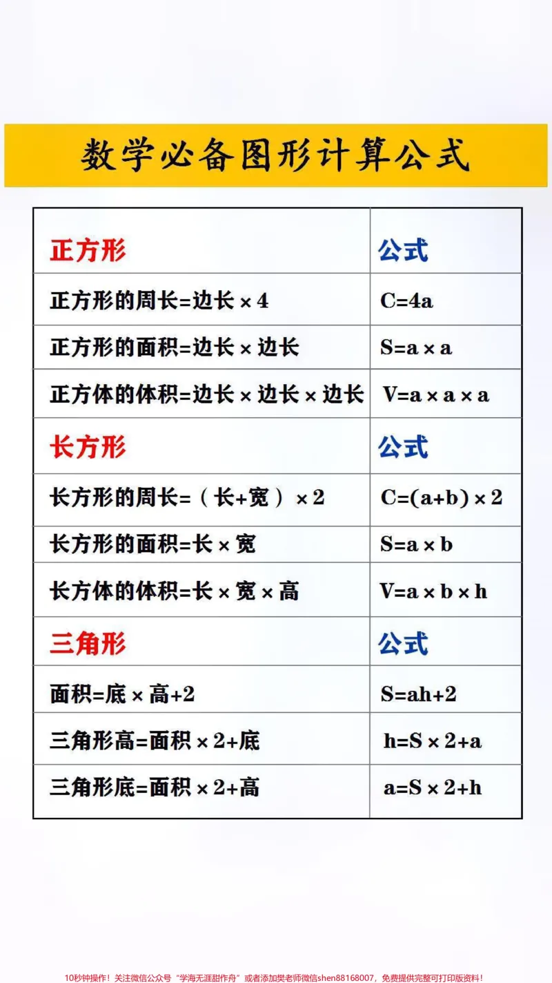 《数学必备图形公式#小学数学#公式_最新小学1-9年级各科+幼升小+综合类学习资源汇总包_价值20万元!最新小学1-9年级各科+幼升小+综合类学习资源汇总包》第1页预览