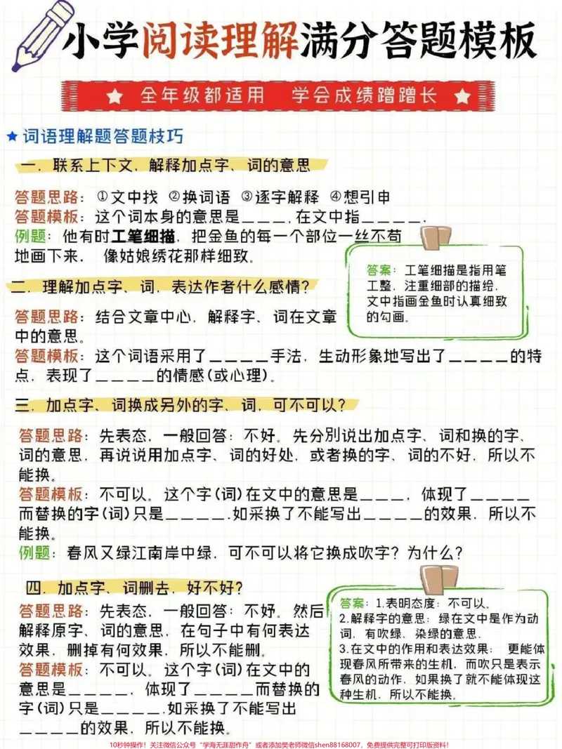 《语文阅读满分答题模板,学好了孩子成绩蹭蹭涨,可以下载打印给孩子看#语文_最新小学1-9年级各科+幼升小+综合类学习资源汇总包_综合类一线老师整理版资源(全网独家)》第1页预览