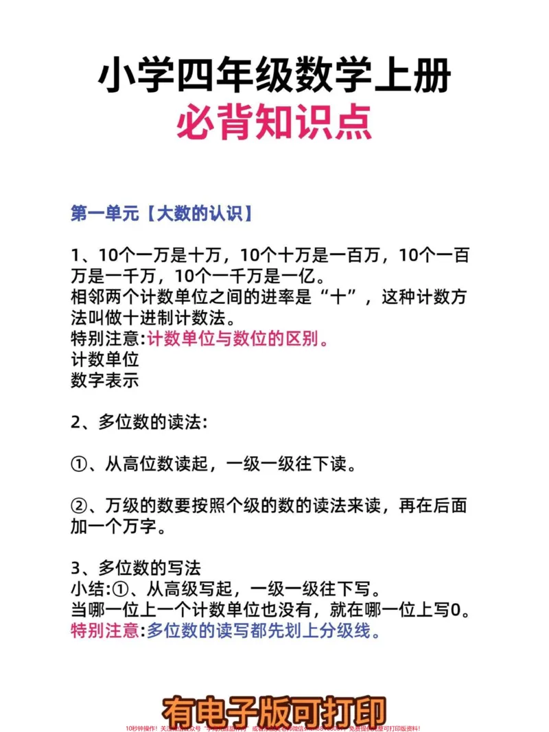《四年级数学上册必背知识点。四年级数学上册知识点重点，家长们收藏好。#知识点总结#四年级数学上册#四年级数学#期中复习-副本_最新小学1-9年级各科+幼升小+综合类学习资源汇总包》第1页预览