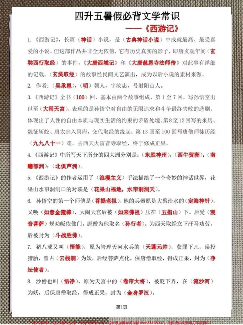 《小学四升五暑假必背四大名著文学常识汇总。整理了一份小学四升五年级暑假必背四大名著文学常识汇总#暑假预习#小学文学常识#小学五年级#四大名著#四大名著知识点》第1页预览