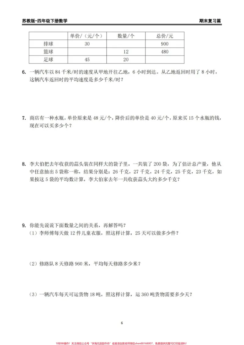 《苏教版四年级下册数学期末复习精编练习题。期末复习练习‼️苏教版四年级下册数学期末复习精编练习题#四年级数学#苏教版数学#四年级下册数学#期末练习题#期末复习》第6页预览