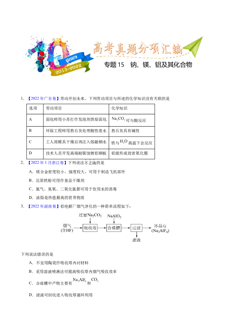 《专题15钠、镁、铝及其化合物（学生版）_初高中资料库_高中资料库（转存避免链接过期失效）_高中化学》第1页预览