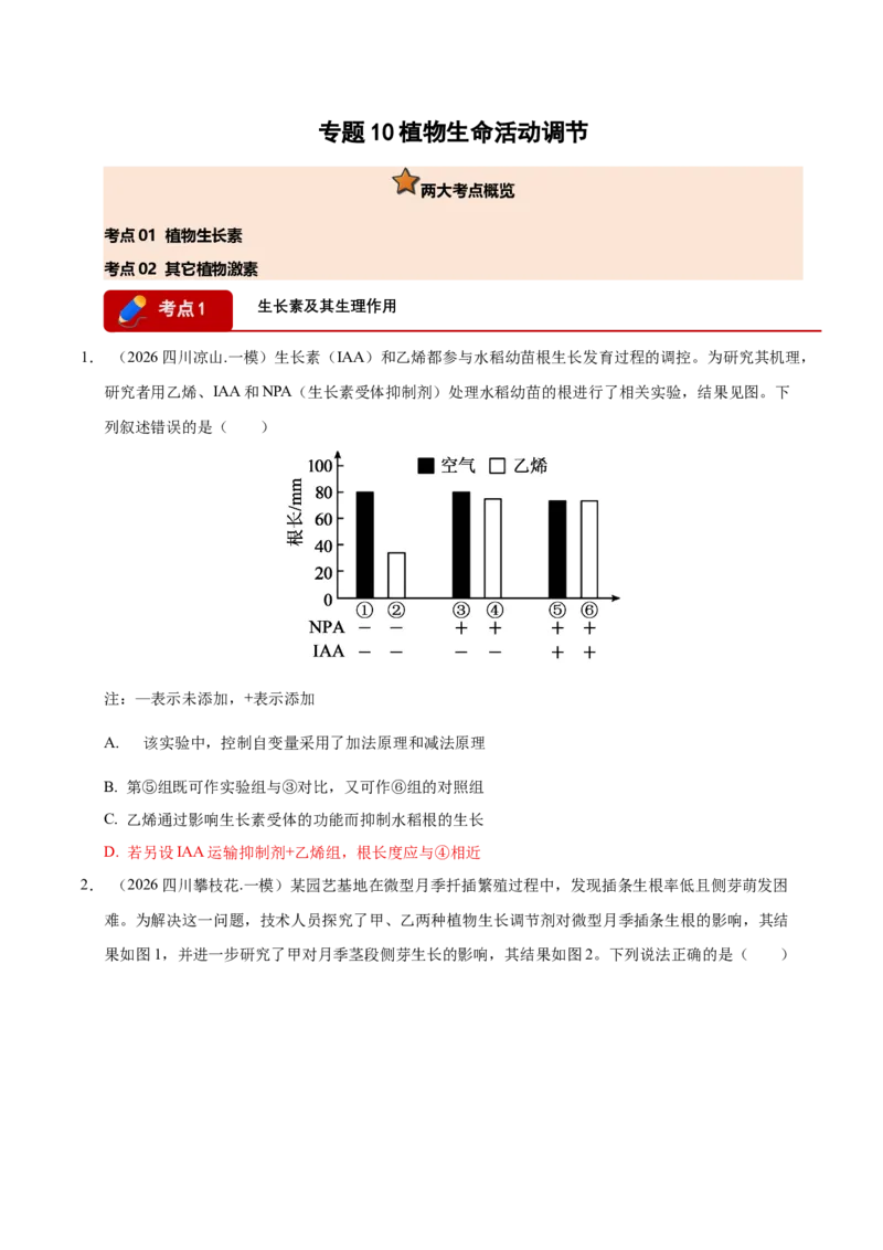 《专题10植物生命活动调节（学生版）(1)_高考一二三轮复习_生物_2027年高考生物专项_2026年高考生物一模试题分类汇编（四川专用）-G175_2026版》第1页预览