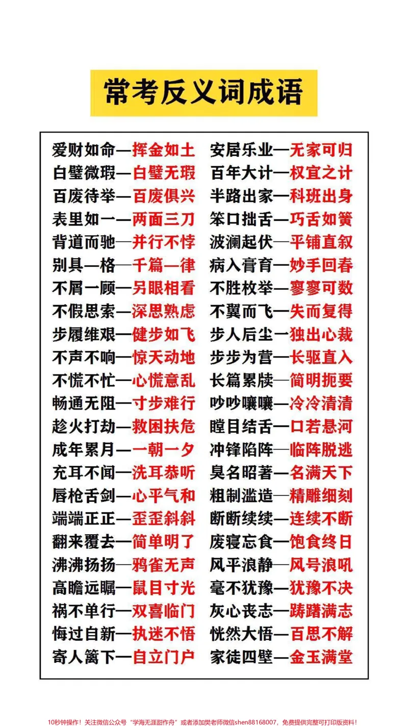 《常考反义词成语替孩子保存起来吧!#成语_最新小学1-9年级各科+幼升小+综合类学习资源汇总包_价值20万元!最新小学1-9年级各科+幼升小+综合类学习资源汇总包》第1页预览