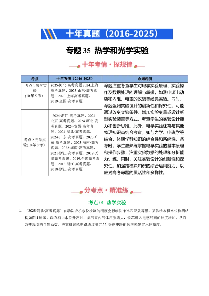 《专题35热学和光学实验（全国通用）（学生版）_高考一二三轮复习_物理_2026年-物理高考专项复习_十年（2016-2025）高考物理真题分类汇编（全国通用）-G15》第1页预览