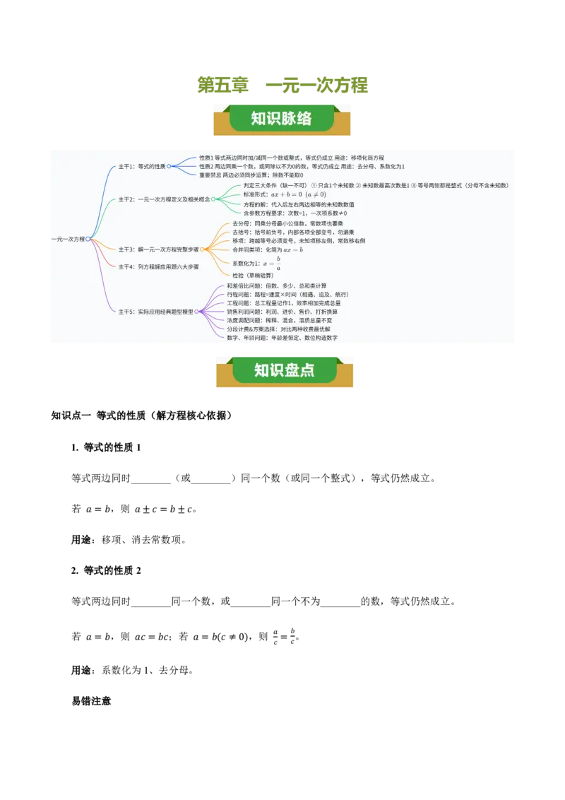 《第五章一元一次方程（五大考点+六大易错+易错训练）（知识清单）（挖空版）_2026秋初中教辅合集_2027学科网&_2026秋《同步备课系列》7上数学_第五章一元一次方程_单元复习》第1页预览
