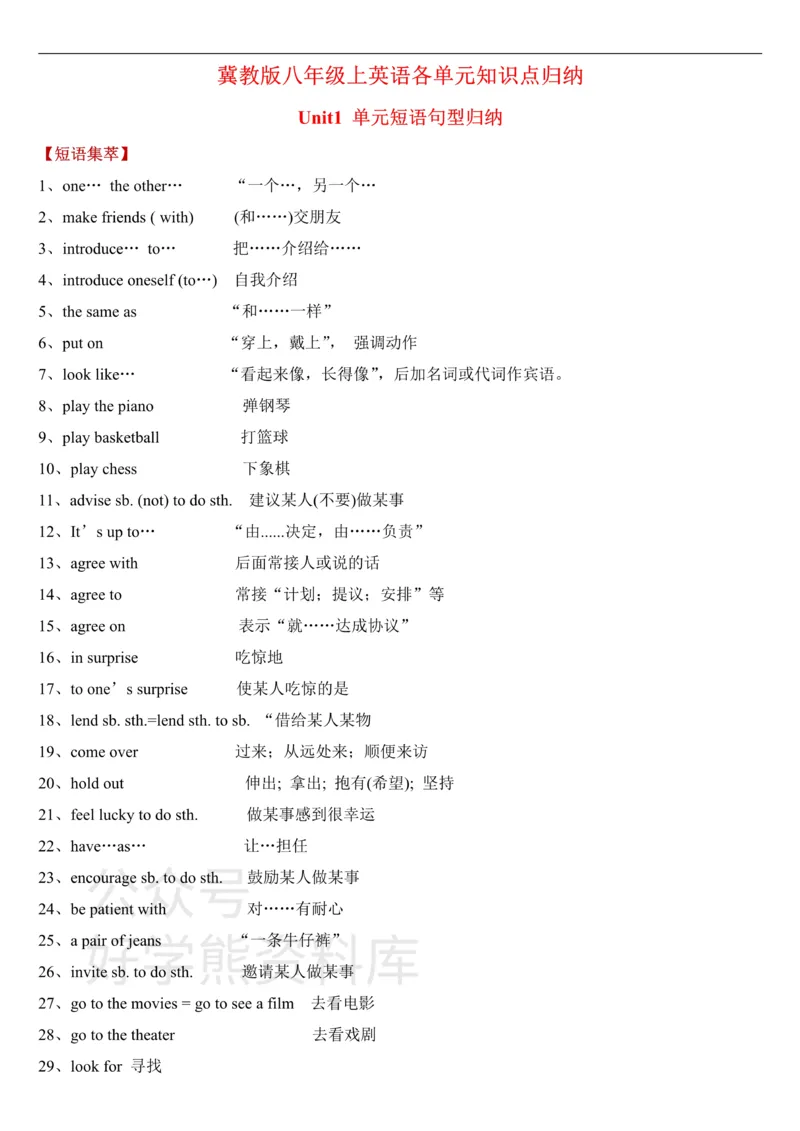 《冀教版八年级上册英语知识点总结_初高中资料库_初中资料库（转存避免链接过期失效）_初中英语》第1页预览