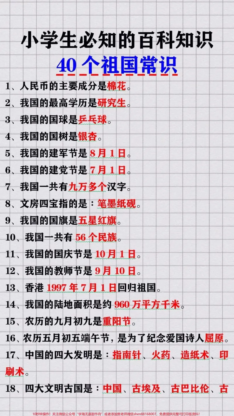《小学生必备百科知识40个祖国常识_最新小学1-9年级各科+幼升小+综合类学习资源汇总包_价值20万元！最新小学1-9年级各科+幼升小+综合类学习资源汇总包》第1页预览