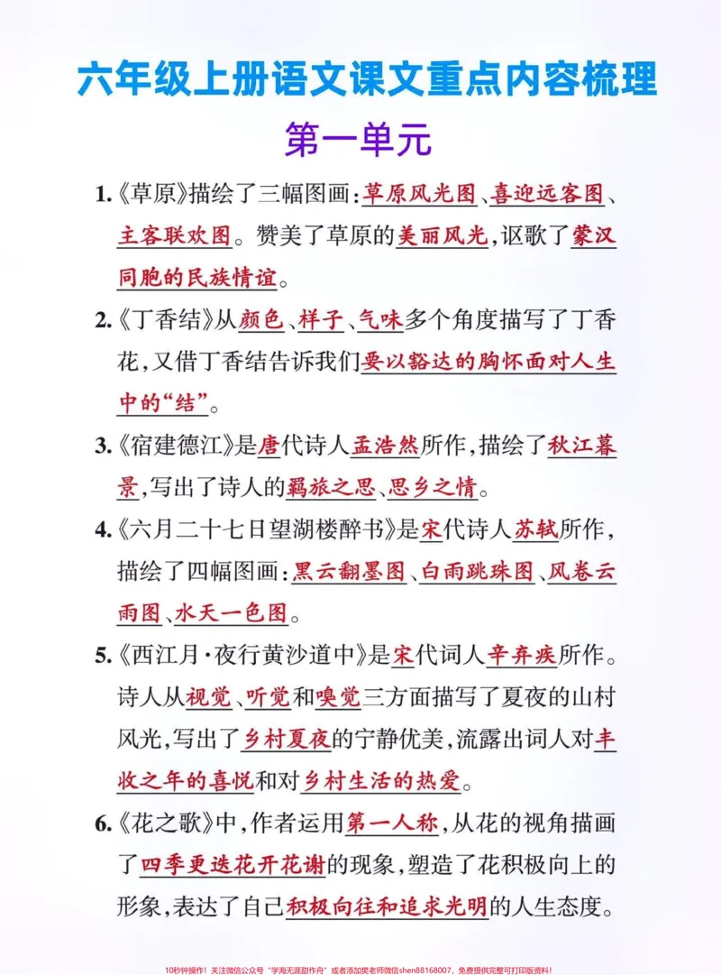 《六年级语文上册课文重点内容总结梳理。#关注我持续更新小学知识#知识点总结#六年级#小学语文知识点#学习资料分享@qunju888.com小助手@qunju888.com创作者中心@qunju888.com热点宝》第1页预览