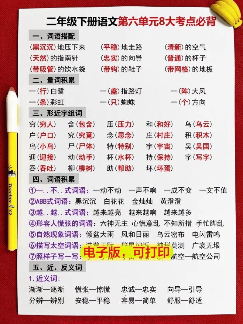 《这份资料是二年级语文下册第六单元的重点知。识总结,老师精心整理了该单元的重要内容,涵盖了丰富的知识点。建议家长打印出来,让孩子熟读背诵。这将有助于孩子备考二年级语文下册,提高学习效率。#家长收藏孩子受益#二年级#二年级下册语文#二年级语文下册#二年级语文》第1页预览
