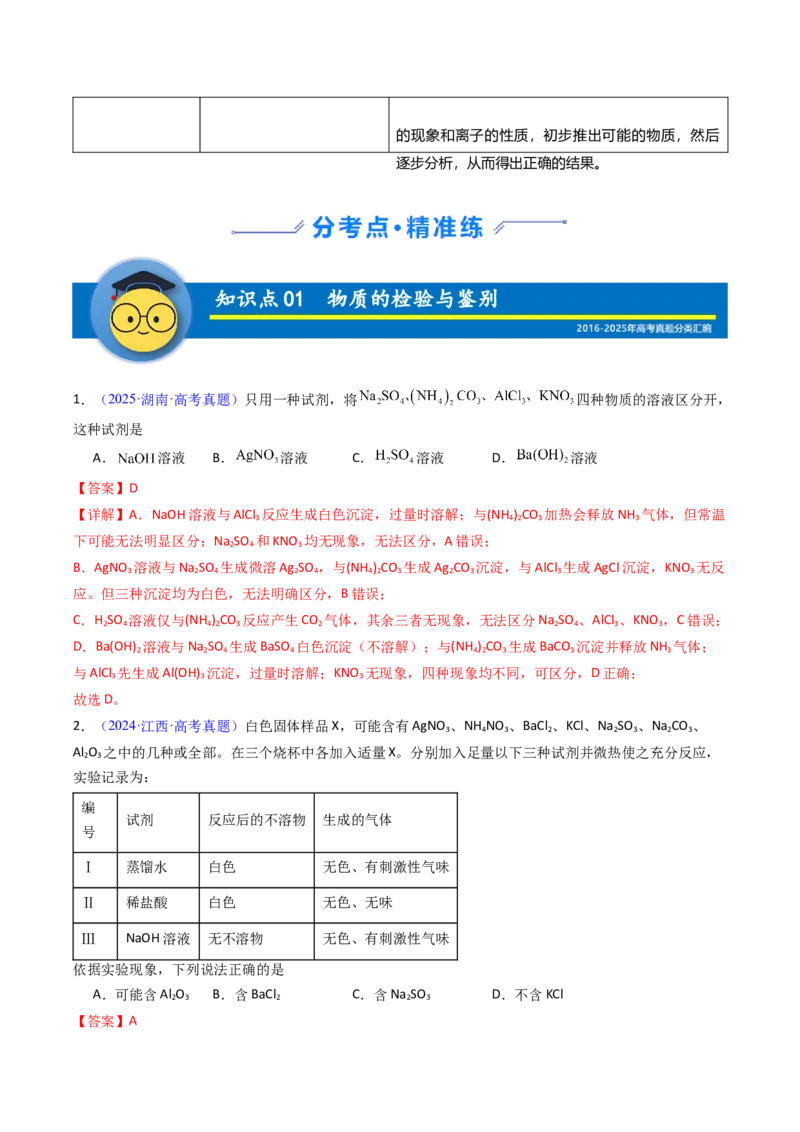 《专题54物质检验与鉴别（教师版）_高考一二三轮复习_化学_2026年-化学高考专项复习_十年（2016-2025）高考化学真题分类汇编（全国通用）-G15》第2页预览