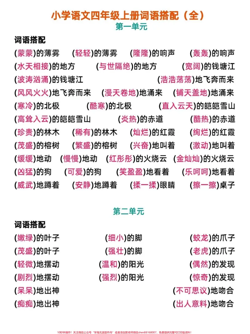 《小学语文四年级上册全单元怎么搭配合适词语。小学语文四年级上册1-8单元组词语,搭配词语,1-8单元高频词汇单词。家长收藏起来给孩子学习。有电子版可打印#小学四年级#搭配词语#四年级语文#四年级上册语文#语文考点》第1页预览