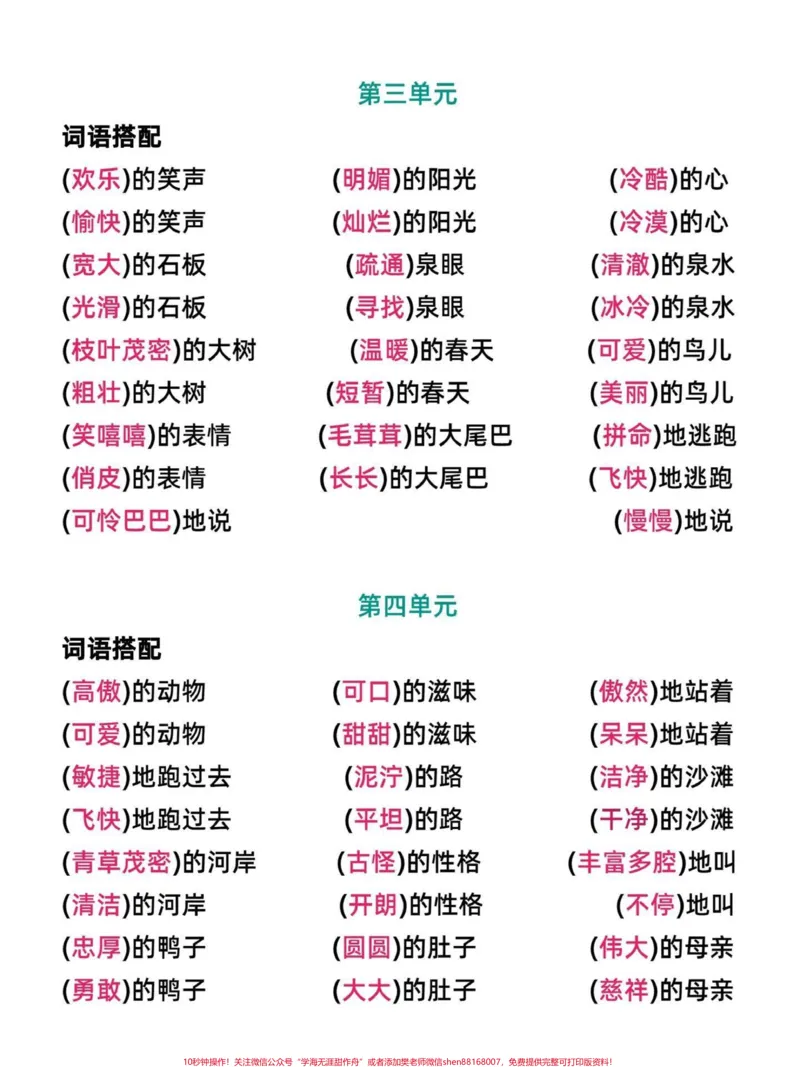 《小学语文四年级上册全单元怎么搭配合适词语。小学语文四年级上册1-8单元组词语,搭配词语,1-8单元高频词汇单词。家长收藏起来给孩子学习。有电子版可打印#小学四年级#搭配词语#四年级语文#四年级上册语文#语文考点》第2页预览