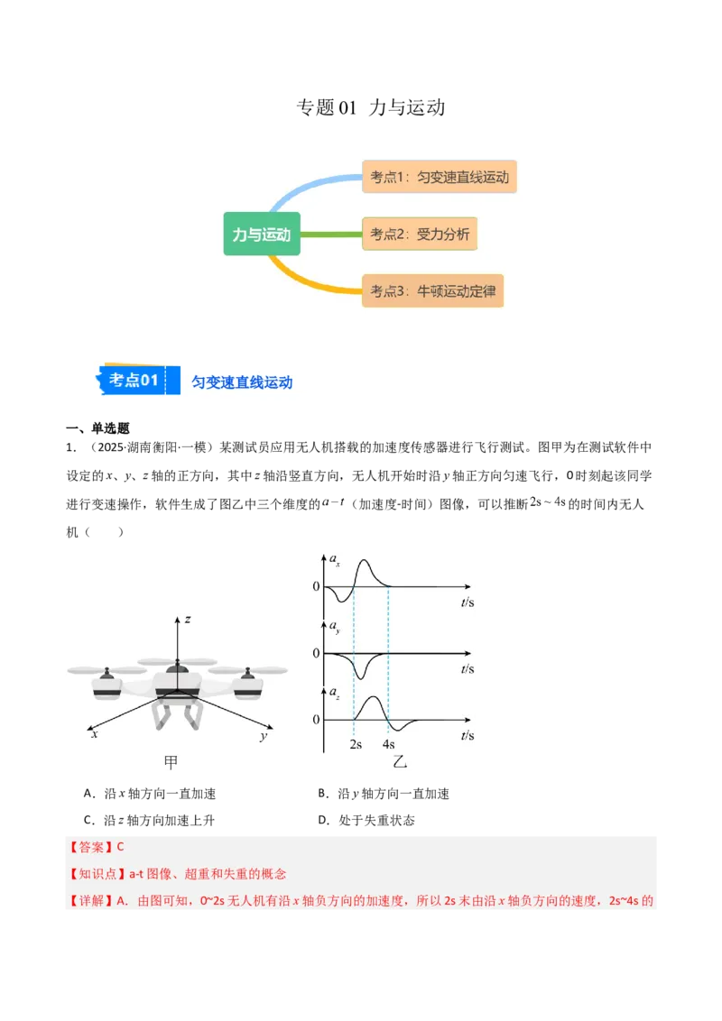 《专题01力与运动（3大考点）（教师版）_高考一二三轮复习_物理_2026年-物理高考专项复习_2025年高考物理一模试题分类汇编（湖南专用）》第1页预览