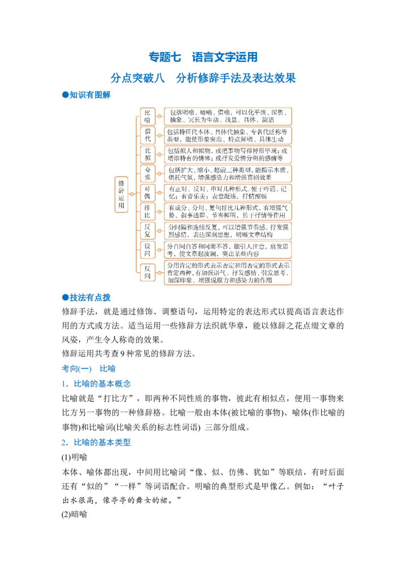 《专题七分点突破八分析修辞手法及表达效果（学生版）_高考一二三轮复习_语文_2027年一轮语文更新啦_72027届高考语文一轮复习讲义+专题突破（新高考通用）》第1页预览