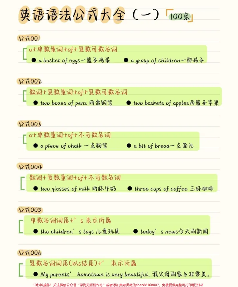 《英语不好的同学一定要背熟这100个语法基础公式，掌握了对于学习英语有意想不到的效果，每天读一遍，坚持半年一定可以掌握#英语#英语没那么难#英语语法#图文伙伴计划#qunju888.com图文来了》第1页预览