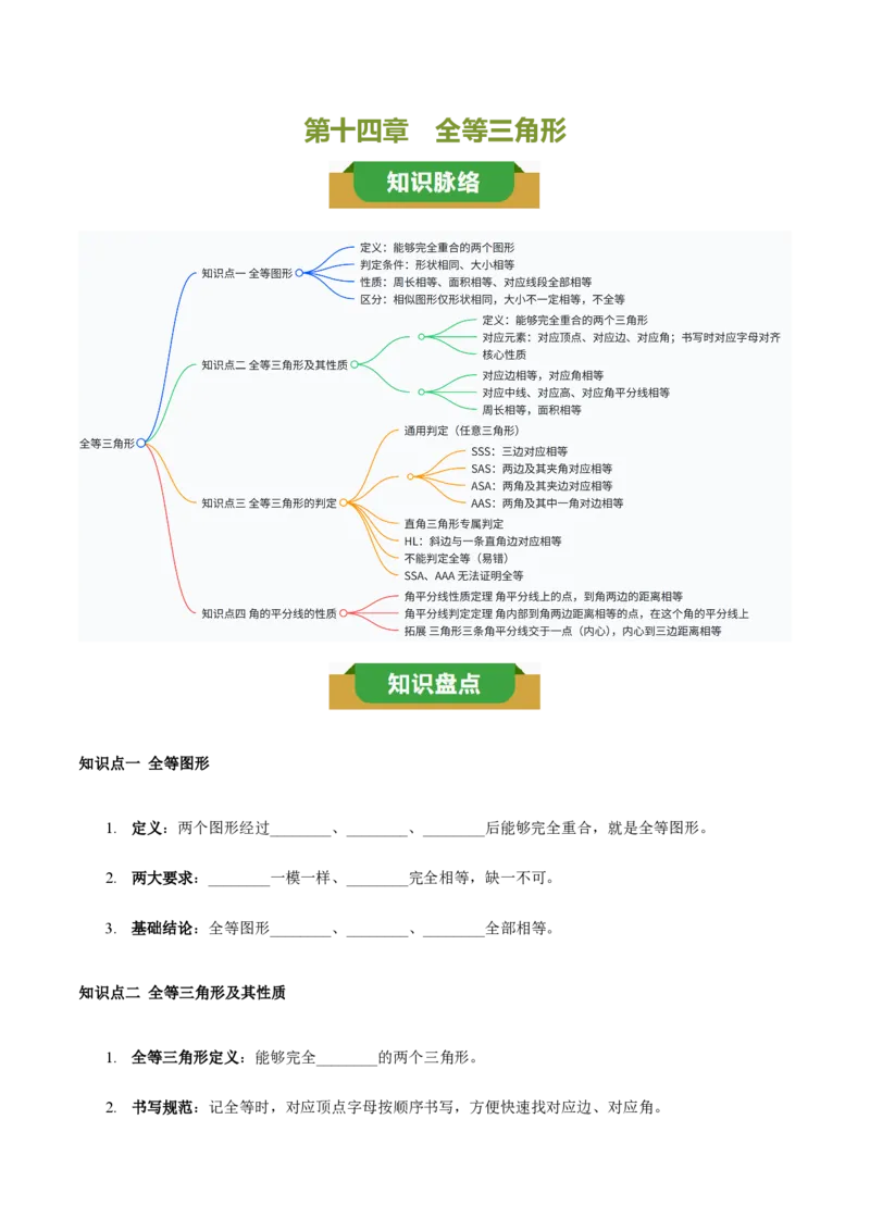 《第十四章全等三角形（四大考点+五大易错+易错训练）（知识清单）（挖空版）_2026秋初中教辅合集_2027学科网&_2026秋《同步备课系列》8上数学_第十四章全等三角形_单元复习》第1页预览