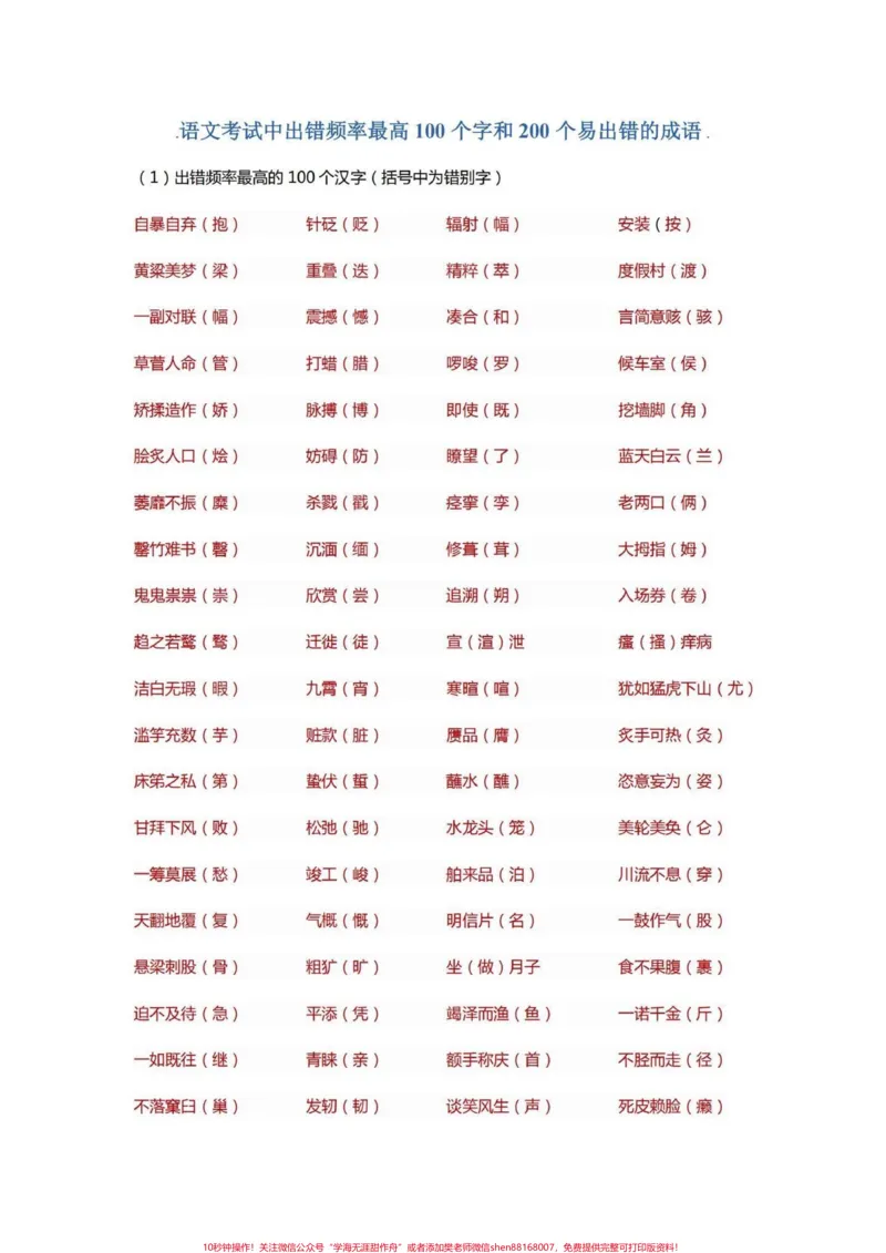 《小学语文四年级语文高频易考易错字词、词语。四年级语文上册100个重点字和200个重点词语,高频易考。打印出来练习一下。离期末不到一个月,基础分丢不得!#四年级语文#四年级上册语文#四年级字词#四年级生字词#四年级词语》第1页预览