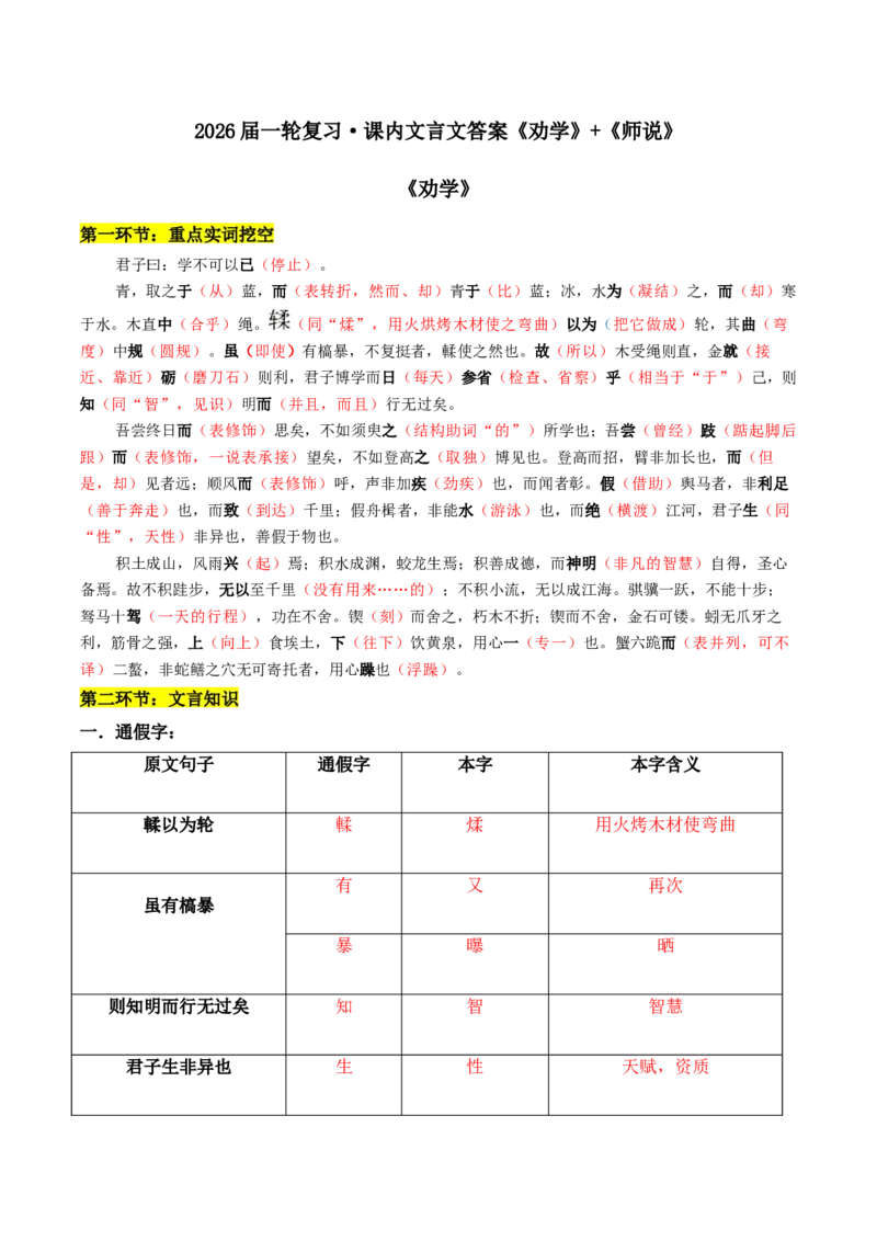《专题01劝学+师说（文言文挖空训练）（全国通用）（答案版）_高考一二三轮复习_语文_2026年-语文一轮复习_2026年高考语文一轮复习文言文挖空训练（全国通用）-G422_资料》第1页预览