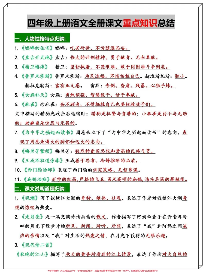 《四年级上册语文全册重点知识总结(21页)包括各课重点考点知识,家长打印给孩子熟记,考试拿高分#四年级#四年级上册语文#开学必备#四年级语文#小学语文》第1页预览
