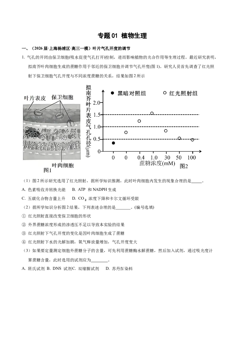 《专题01植物生理（教师版）_高考一二三轮复习_生物_2026年-生物高考专项复习_2026年高考生物一模试题分类汇编（上海专用）-G174_2026版》第1页预览