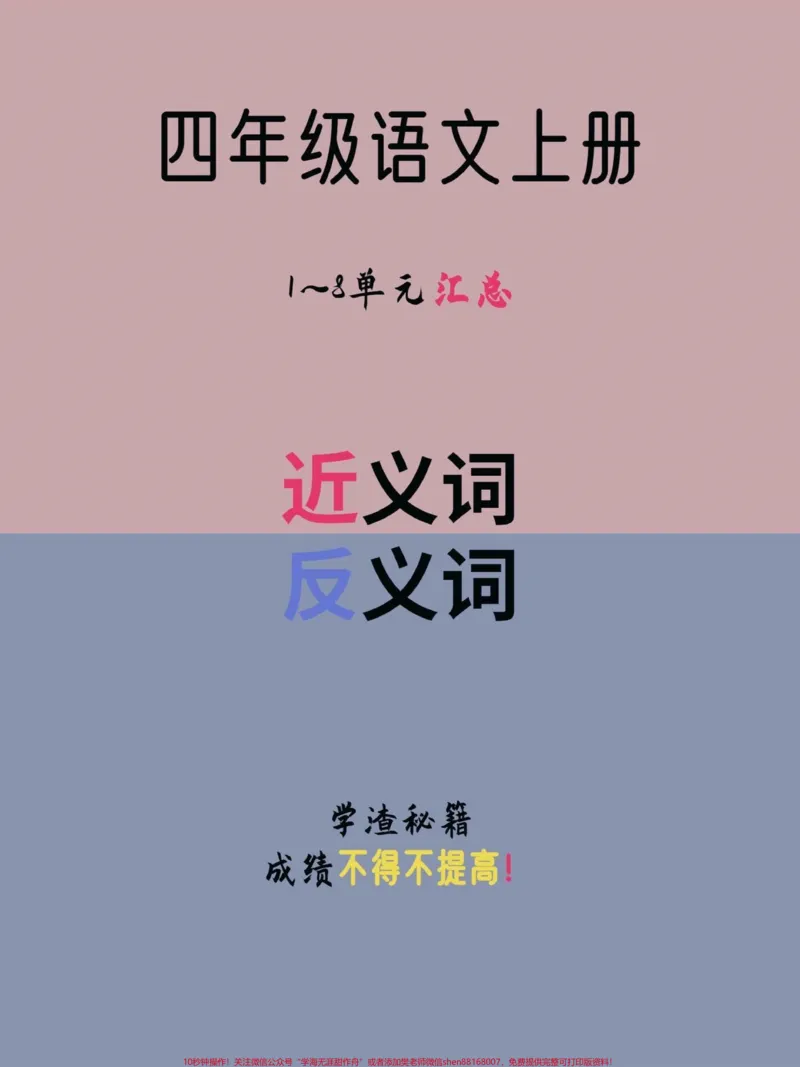 《四年级语文上册1-8单元近义词反义词汇总。四年级语文上册1-8单元近义词+反义词汇总掌握好知识不丢基础分。万丈高楼平地起扎扎实实抓好知识点,家长给孩子们打印出来学习吧。#家长收藏孩子受益#四年级语文#近义词反义词#四年级上册#学渣逆袭指南-副本》第1页预览