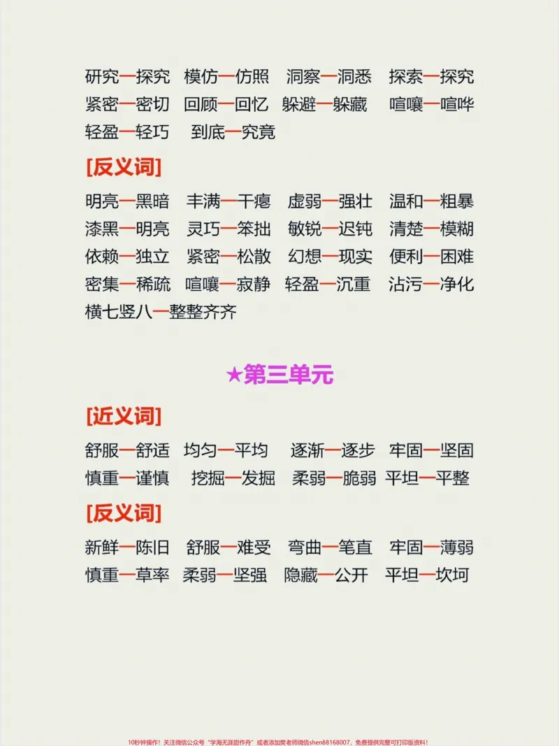 《四年级语文上册1-8单元近义词反义词汇总。四年级语文上册1-8单元近义词+反义词汇总掌握好知识不丢基础分。万丈高楼平地起扎扎实实抓好知识点,家长给孩子们打印出来学习吧。#家长收藏孩子受益#四年级语文#近义词反义词#四年级上册#学渣逆袭指南-副本》第3页预览