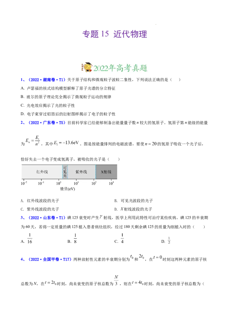 《专题15近代物理-三年（2020-2022）高考物理真题分项汇编（全国通用）（原卷版）_初高中资料库_高中资料库（转存避免链接过期失效）_高中物理》第1页预览
