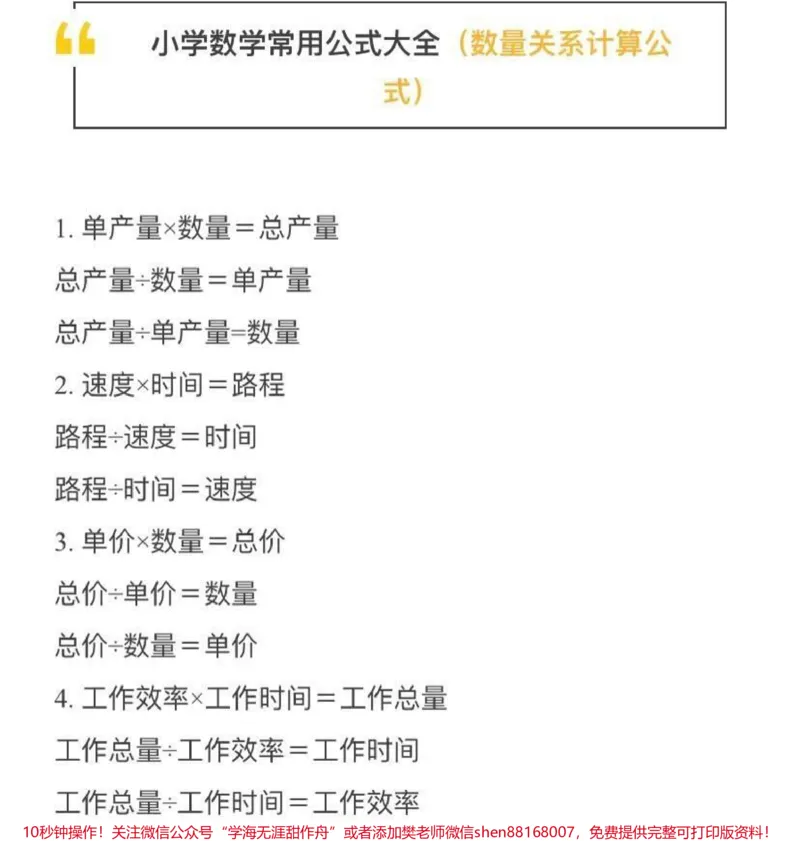 《小学数学常用公式大全_最新小学1-9年级各科+幼升小+综合类学习资源汇总包_价值20万元！最新小学1-9年级各科+幼升小+综合类学习资源汇总包_综合类一线老师整理版资源（全网独家）》第4页预览