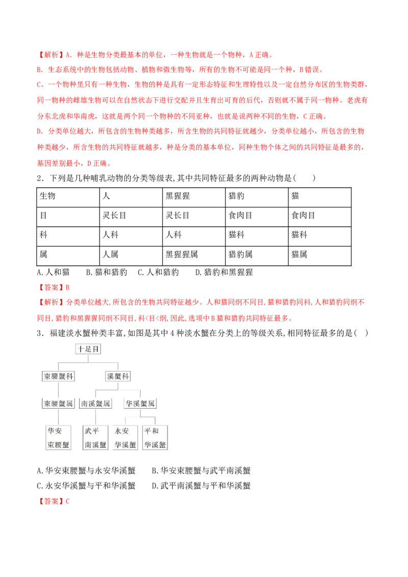 《6.1.2从种到界-2022-2023学年八年级生物上册课后培优分级练（人教版）（解析版）_初中全科知识点总结和试卷_赠送习题试卷_初中3年学习辅助资料_1、初中学习资料_4-6、生物》第4页预览