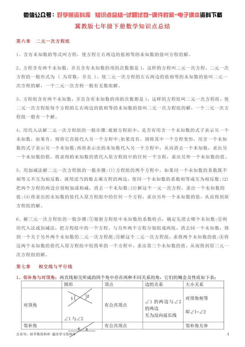 《冀教版七年级下册数学知识点总结_初高中资料库_初中资料库（转存避免链接过期失效）_初中数学》第1页预览