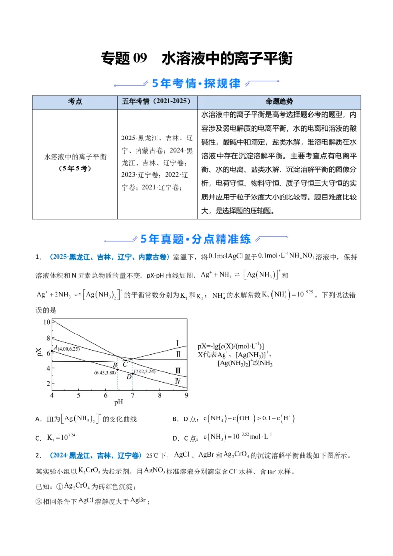 《专题09水溶液中的离子平衡（学生版）_高考一二三轮复习_化学_2026年-化学高考专项复习_五年（2021-2025）高考化学真题分类汇编（黑吉辽蒙专用）-G341》第1页预览