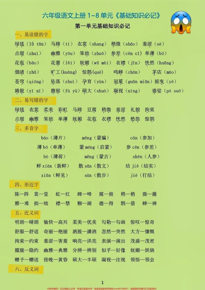 《六年级上册语文1-8单元基础知识点记忆。#关注我持续更新小学知识#学习资料分享#知识点总结#小学语文#六年级语文上册_最新小学1-9年级各科+幼升小+综合类学习资源汇总包》第1页预览