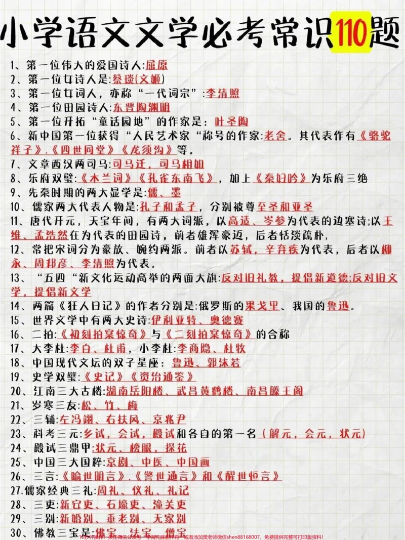 《这些都是小学语文书里没有但是经常考到的文学常识,可以帮孩子打印经常背记#小学语文#知识点总结#文学常识_最新小学1-9年级各科+幼升小+综合类学习资源汇总包》第1页预览