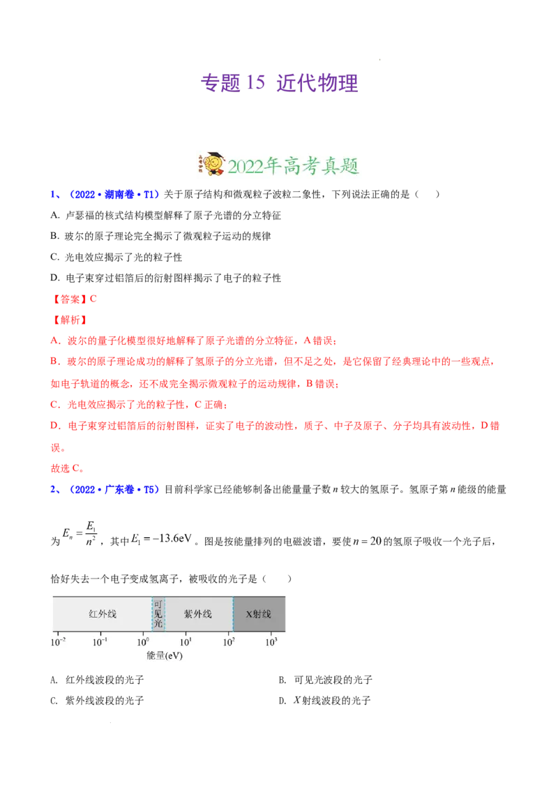 《专题15近代物理-三年（2020-2022）高考物理真题分项汇编（全国通用）（解析版）_初高中资料库_高中资料库（转存避免链接过期失效）_高中物理》第1页预览