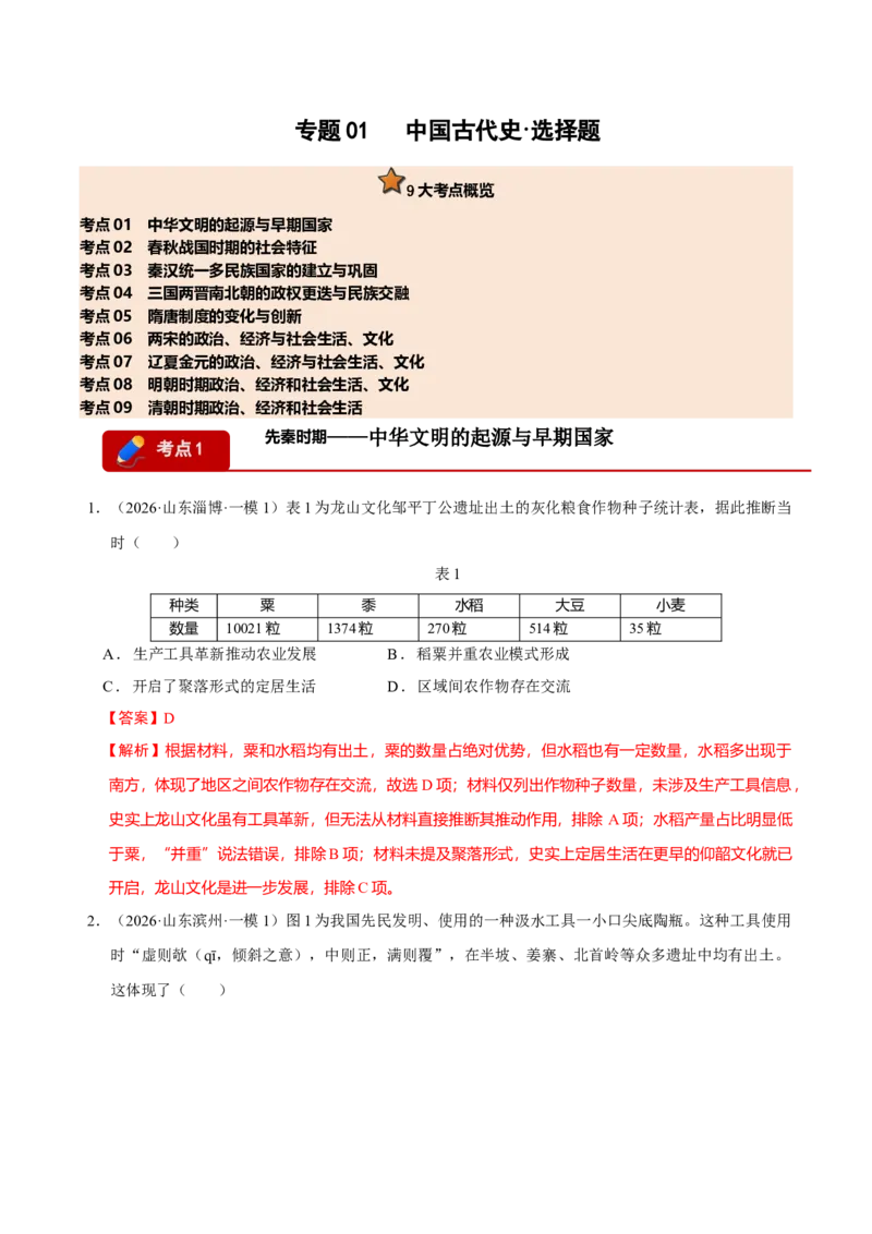 《专题01中国古代史·选择题（9大考点）（教师版）（山东专用）_高考一二三轮复习_历史_2026年-历史高考专项复习_2026年高考历史一模试题分类汇编（山东专用）-G233_2026版》第1页预览