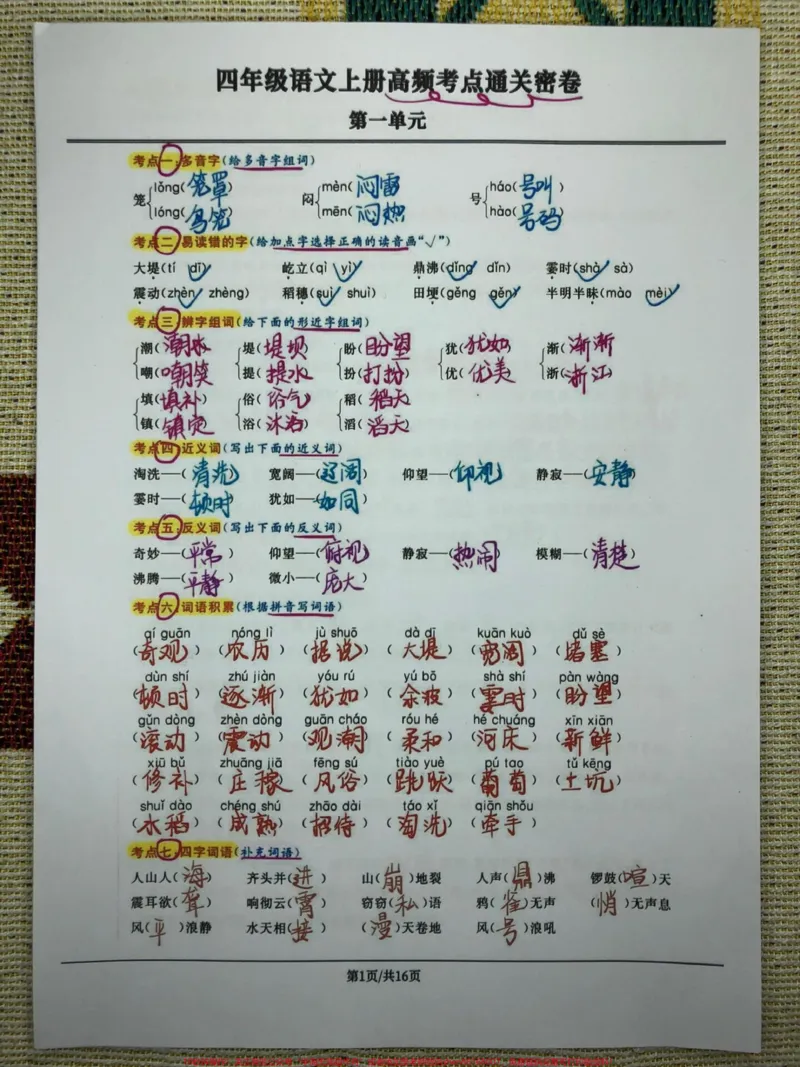 《四年级语文上册高频考点通关密卷1-8单元。四年级语文上册高频考点通关密卷全册1-8单元。共16页。包含多音字,易读错的字,辩字组词,,近义词,反义词,词语积累,四字词语,重点句子品析,背诵,课文重点理解。有电子版可打印有空白卷附答案#四年级语文上册#语文考点#期中复习重点#成语积累#重点成语-副本》第1页预览