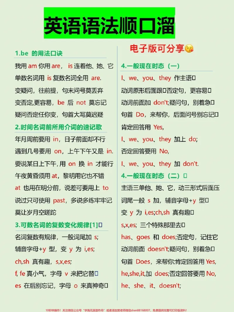 《英语语法顺口溜，背完直接用#英语_最新小学1-9年级各科+幼升小+综合类学习资源汇总包_价值20万元！最新小学1-9年级各科+幼升小+综合类学习资源汇总包》第1页预览