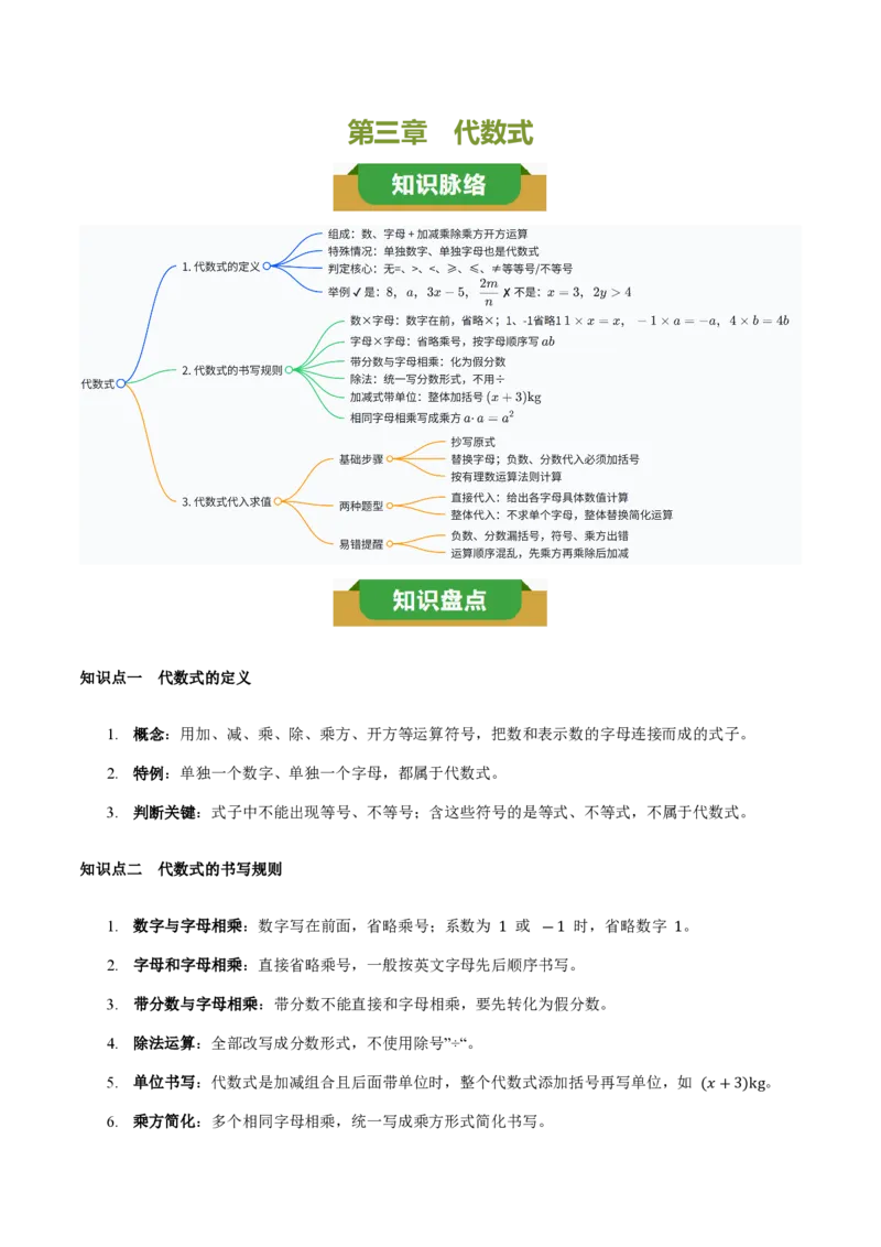 《第三章代数式（三大考点+四大易错+易错训练）（知识清单）（教师版）_2026秋初中教辅合集_2027学科网&_2026秋《同步备课系列》7上数学_第三章代数式_单元复习》第1页预览