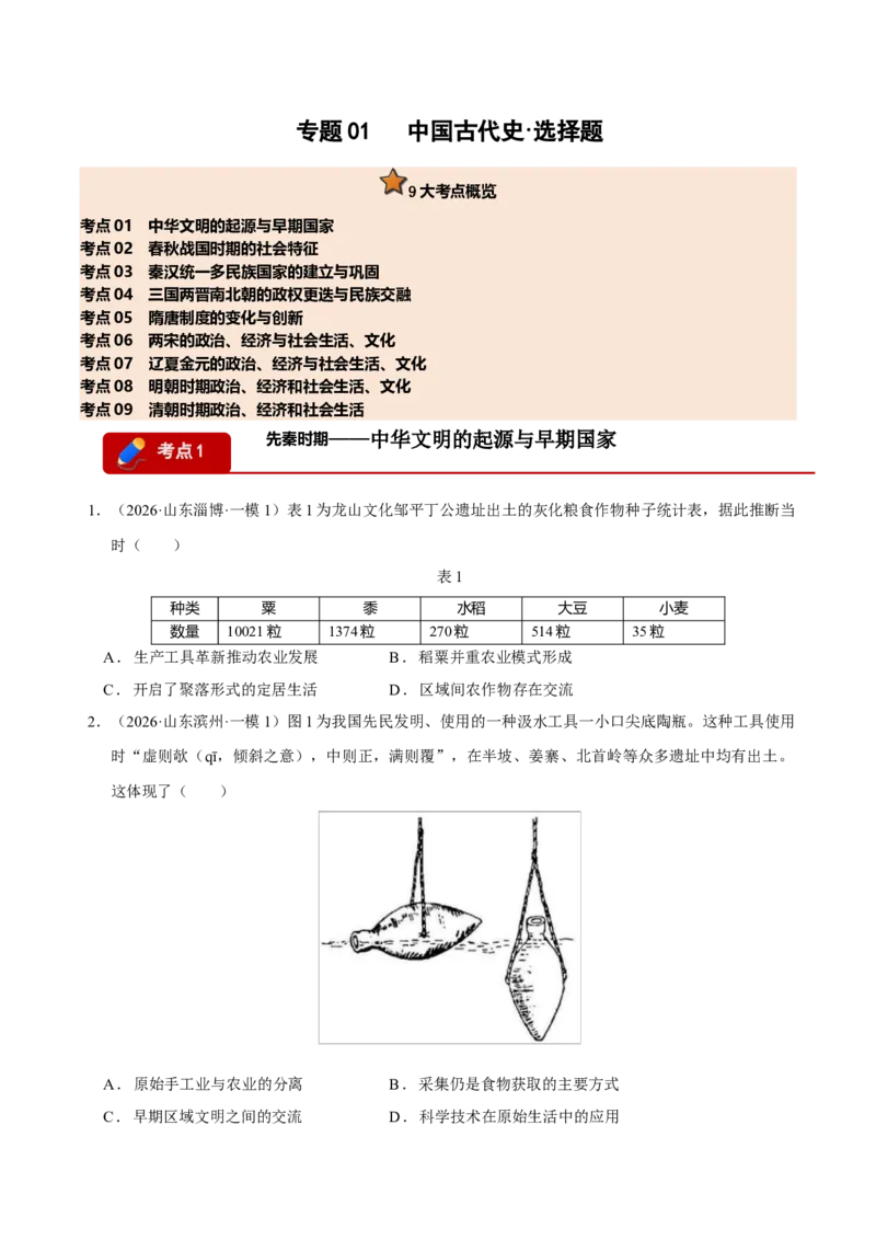 《专题01中国古代史·选择题（9大考点）（学生版）（山东专用）_高考一二三轮复习_历史_2026年-历史高考专项复习_2026年高考历史一模试题分类汇编（山东专用）-G233_2026版》第1页预览