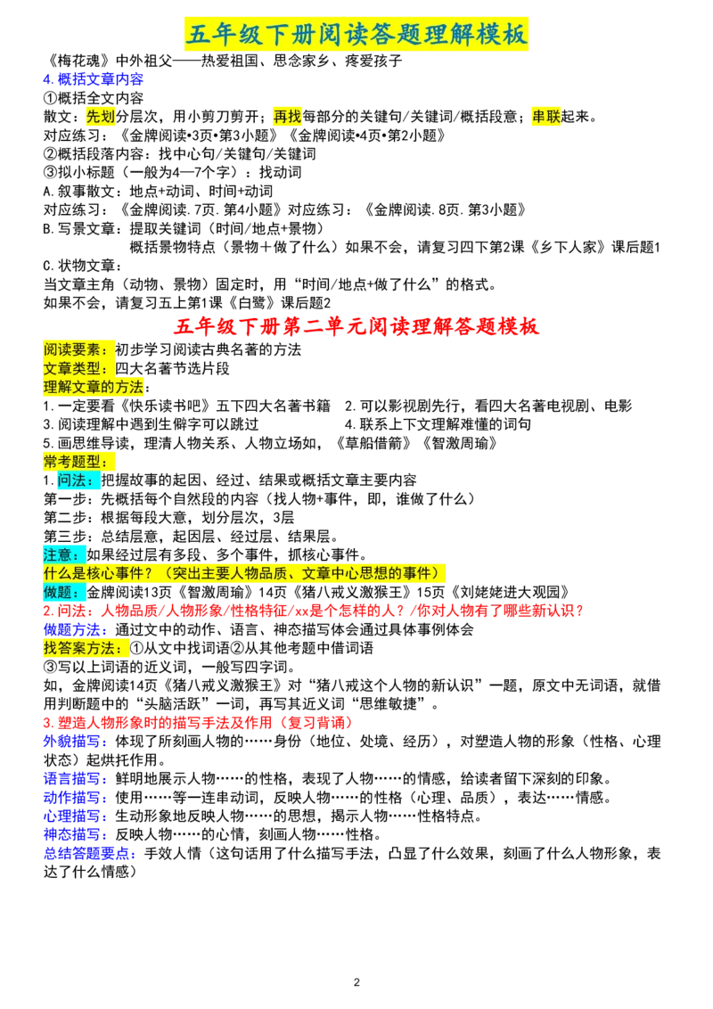 《❀阅读理解答题模板五下语文_5年级下册同步教辅_5下语文_五下语文专项练习》第2页预览