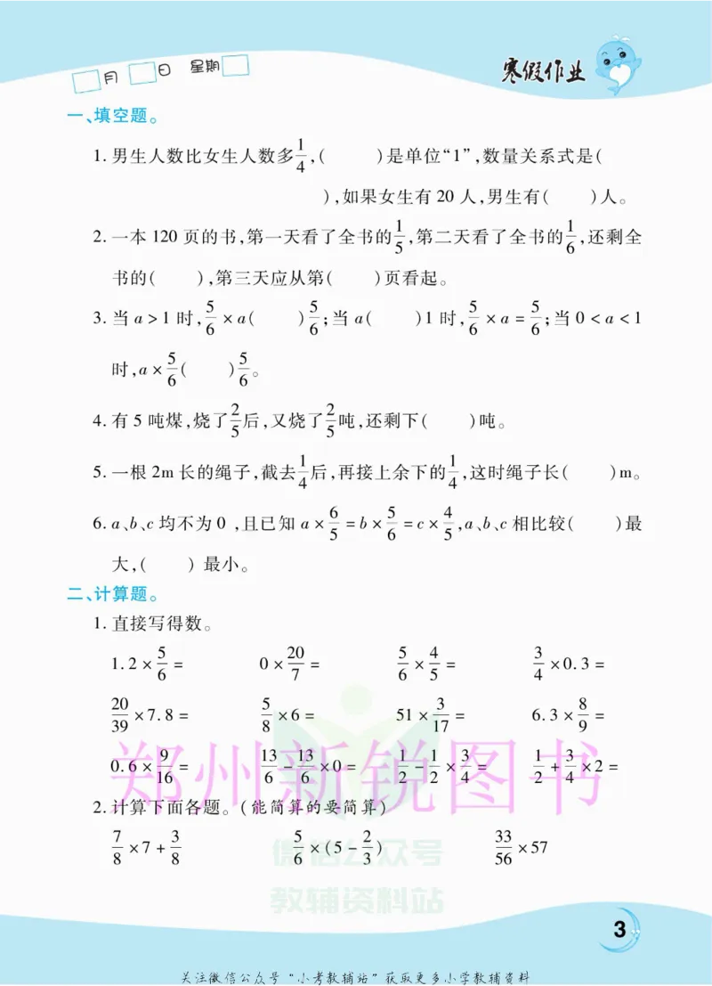 《豫新锐·寒假作业六年级数学人教版_07.小学语文、英语、数学专区_小学寒假教辅汇总_1~6年级豫新锐·寒假作业》第5页预览