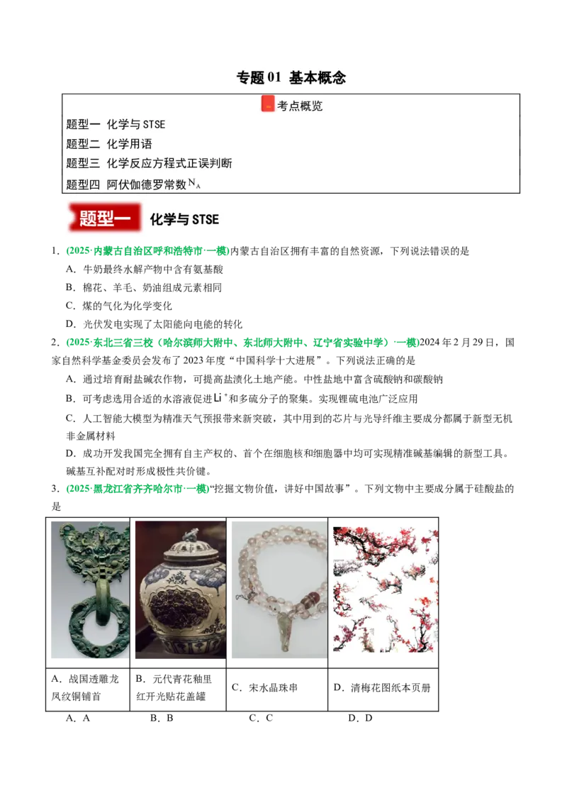 《专题01基本概念（学生版）_高考一二三轮复习_化学_2026年-化学高考专项复习_2025年高考化学一模试题分类汇编（黑吉辽蒙专用）》第1页预览